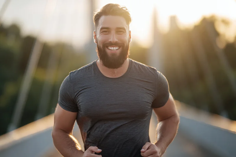 Young bearded man jogging across city bridge smiling at camera