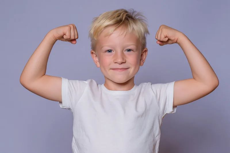 Young blond boy flexing both arms in a strongman pose smiling in studio portrait