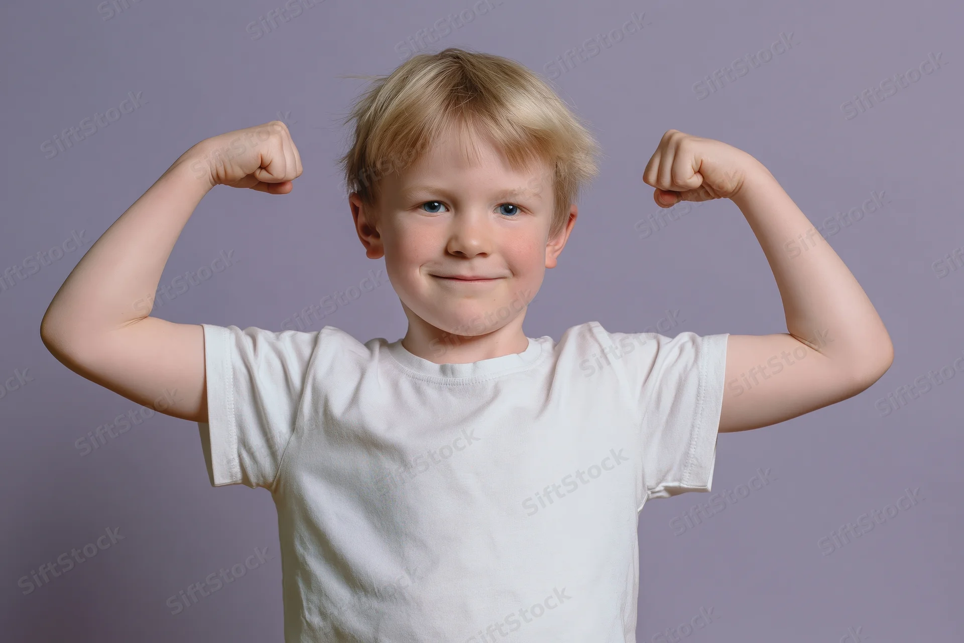 Young blond boy flexing both arms in a strongman pose smiling in studio portrait