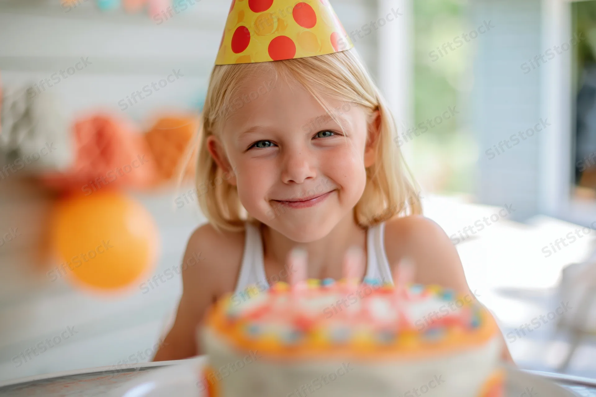 Young blonde girl smiling behind a birthday cake at a party table