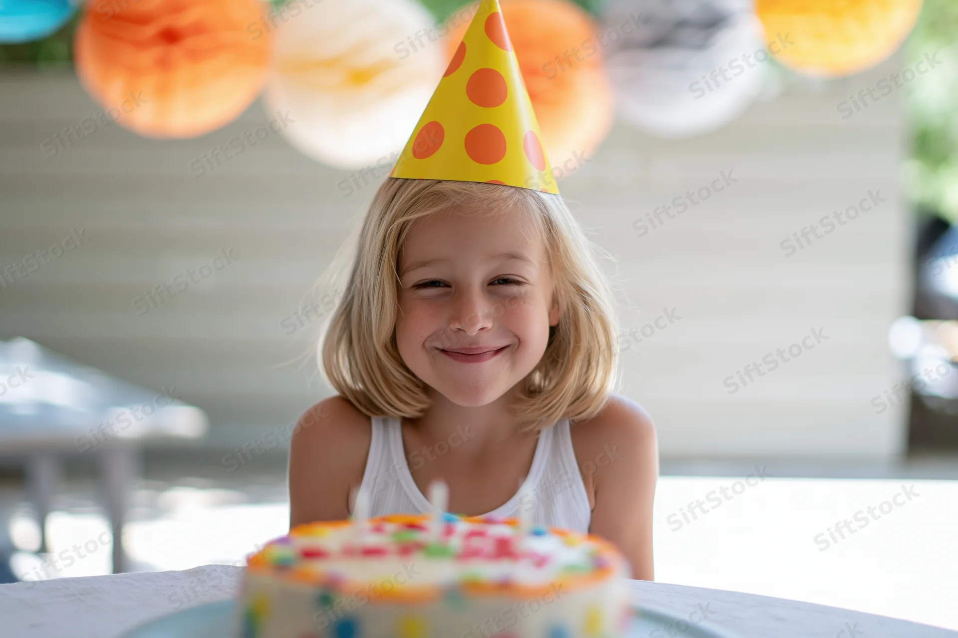 Young blonde girl smiling behind a birthday cake at an outdoor party