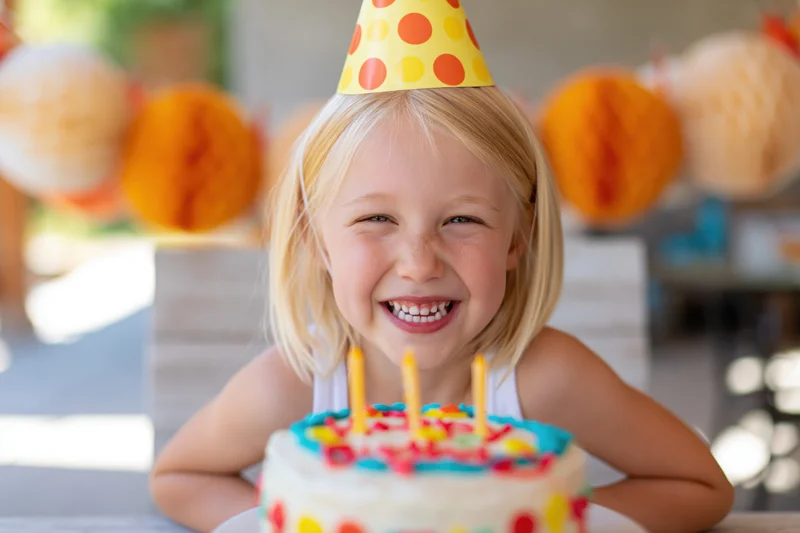 Young blonde girl smiling behind a birthday cake with candles at a party