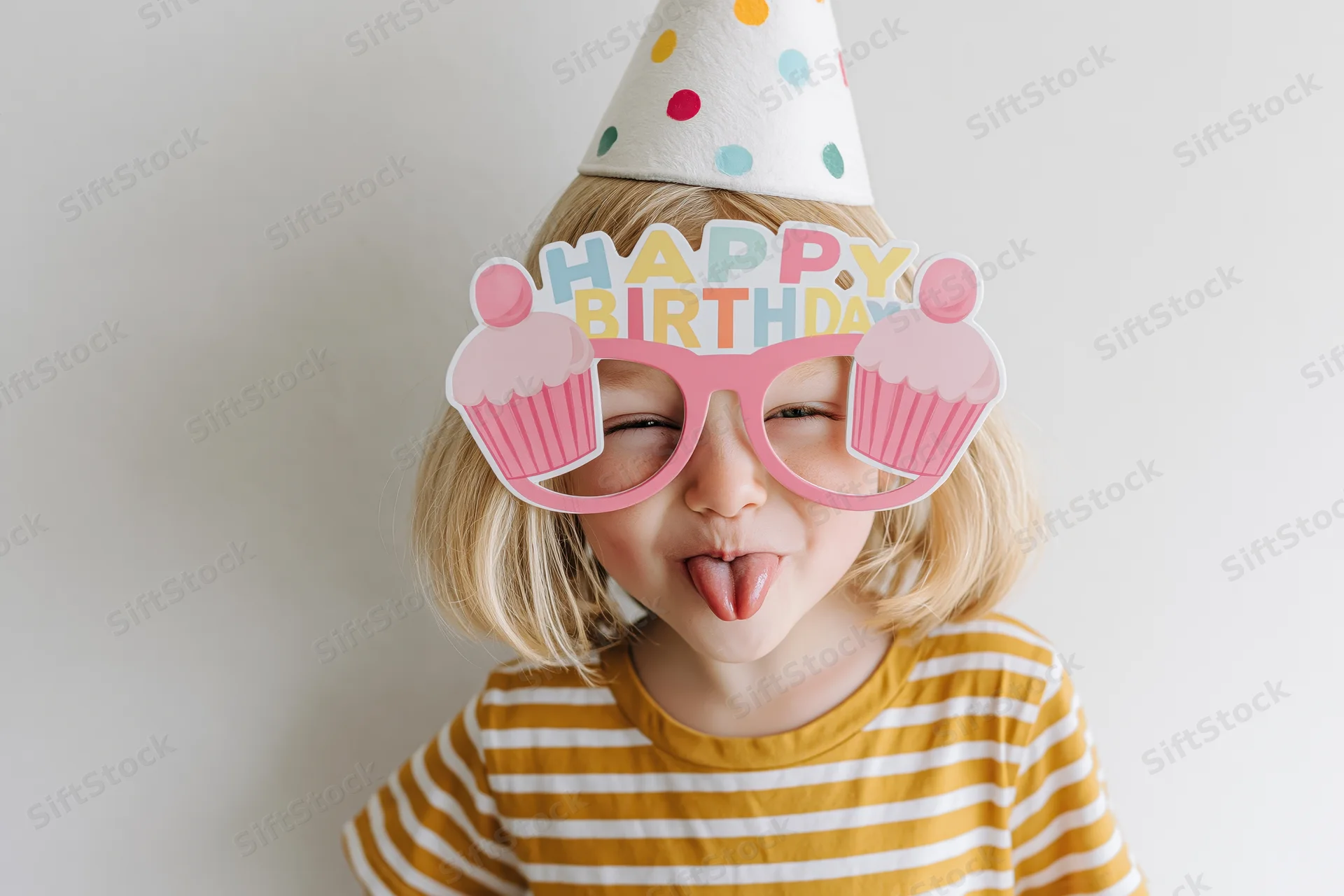 Young blonde girl sticking tongue out while wearing birthday party hat and cupcake glasses against white background