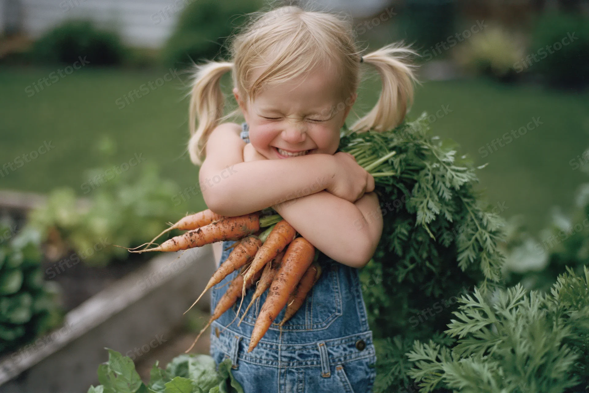 Young blonde girl hugging a bundle of freshly pulled carrots in a garden