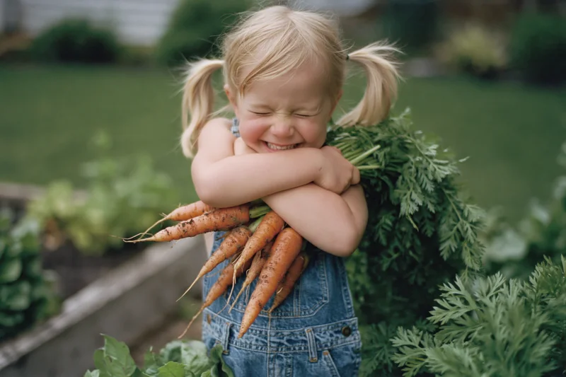 Young blonde girl hugging a bundle of freshly pulled carrots in a garden