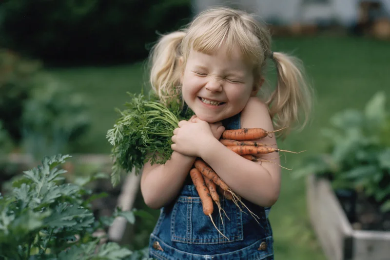 Young blonde girl laughing with eyes squeezed shut while hugging a bundle of freshly harvested carrots in a garden
