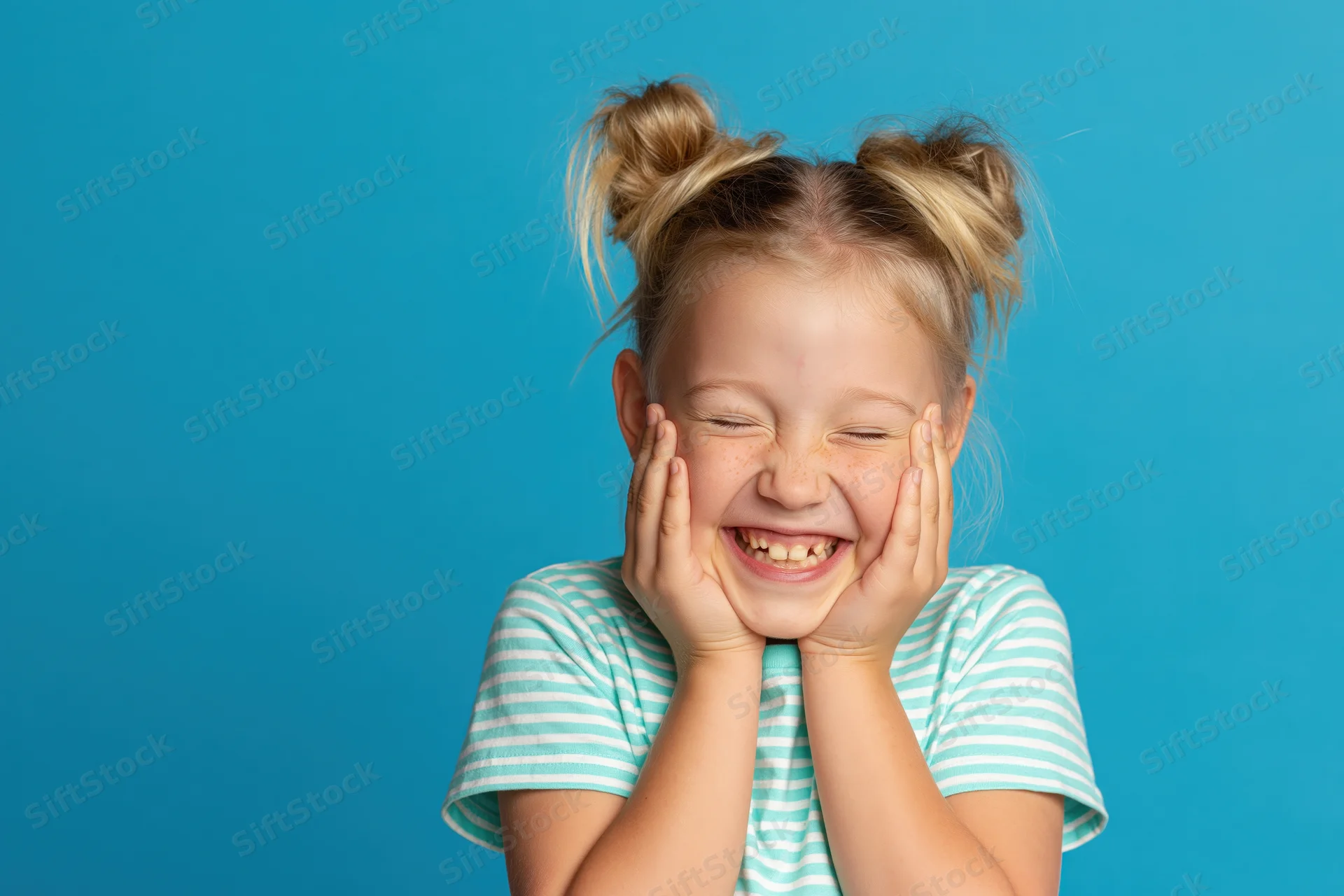 Young blonde girl laughing with hands on cheeks against blue background