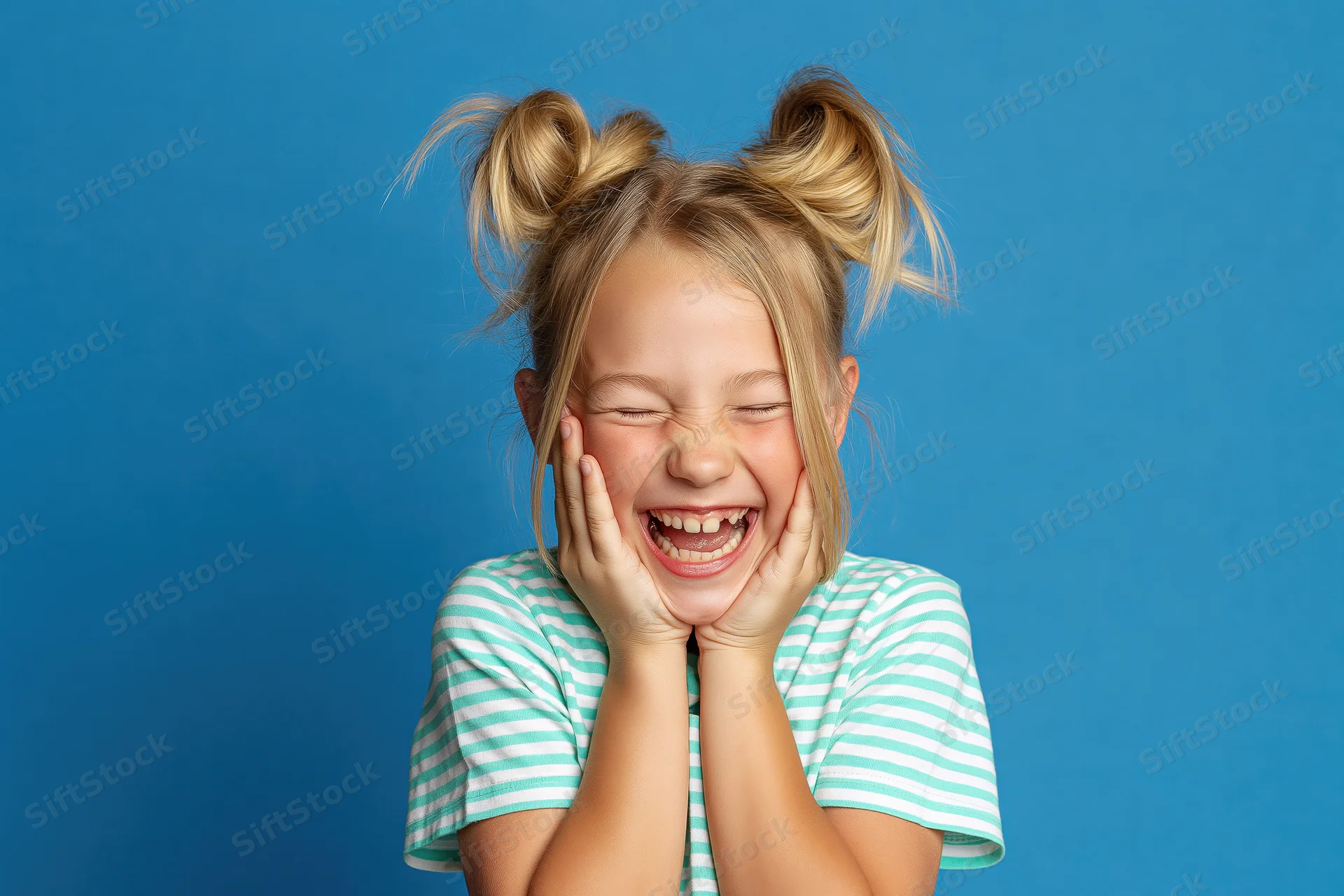 Young blonde girl laughing with hands on cheeks against blue background