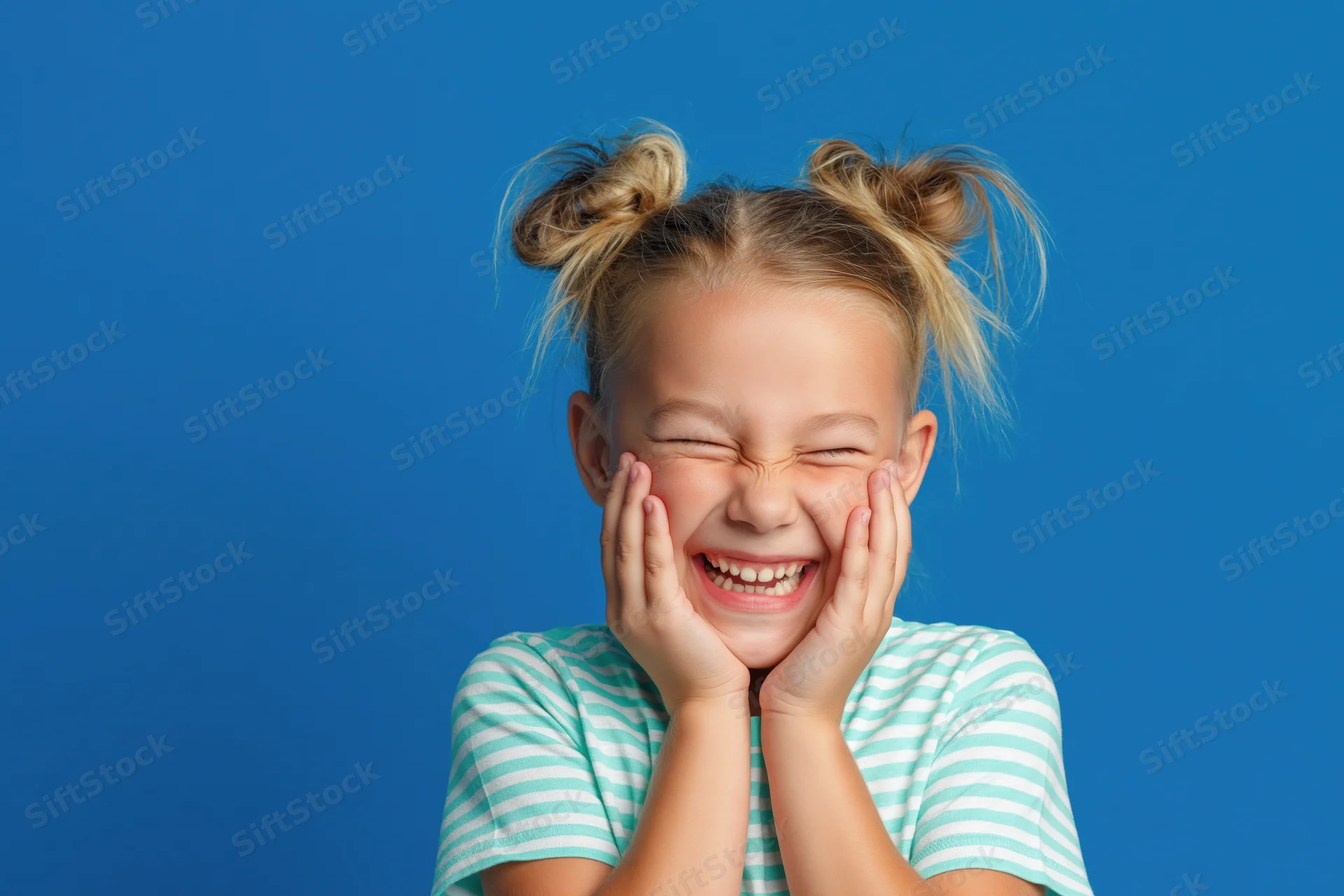 Young blonde girl laughing with hands on cheeks against blue background