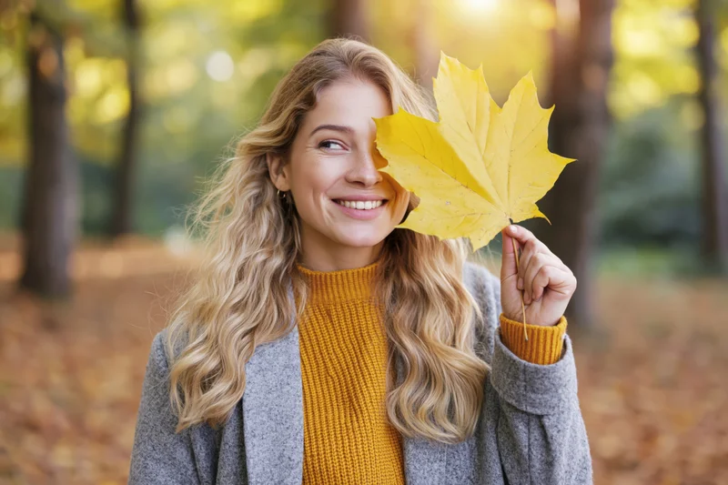 Smiling blonde woman holding yellow maple leaf in autumn forest
