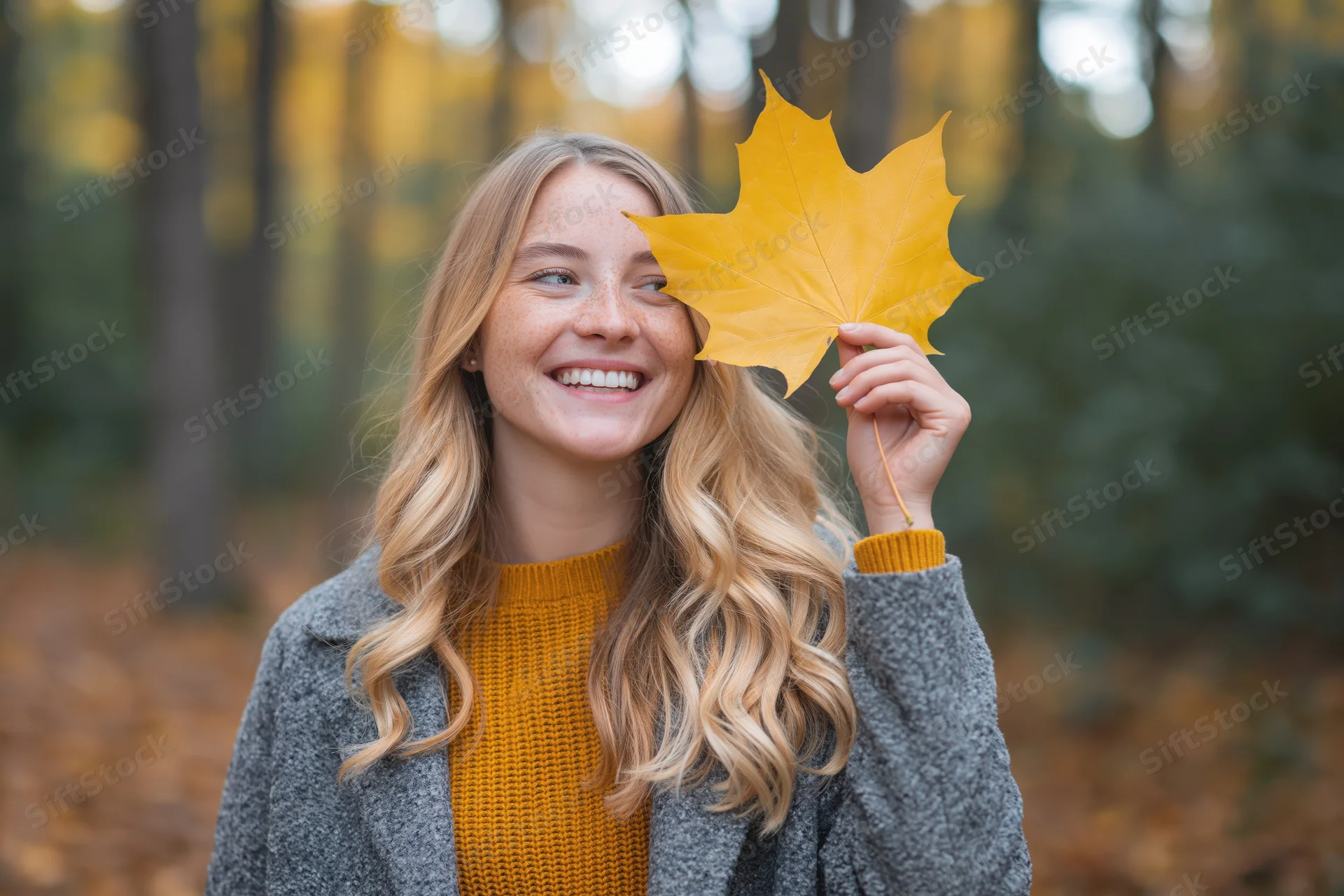 Young blonde woman smiling while holding a large yellow maple leaf in a forest during autumn