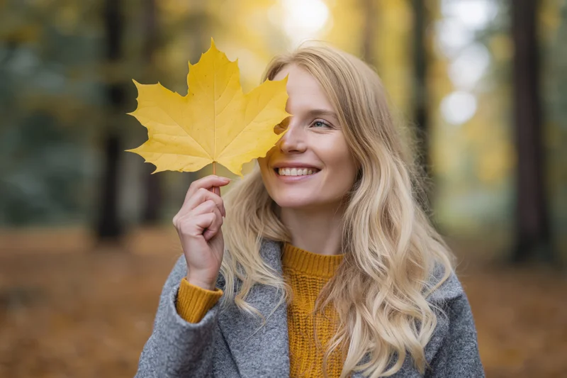 Young blonde woman smiling while holding a large yellow maple leaf to her face in an autumn forest