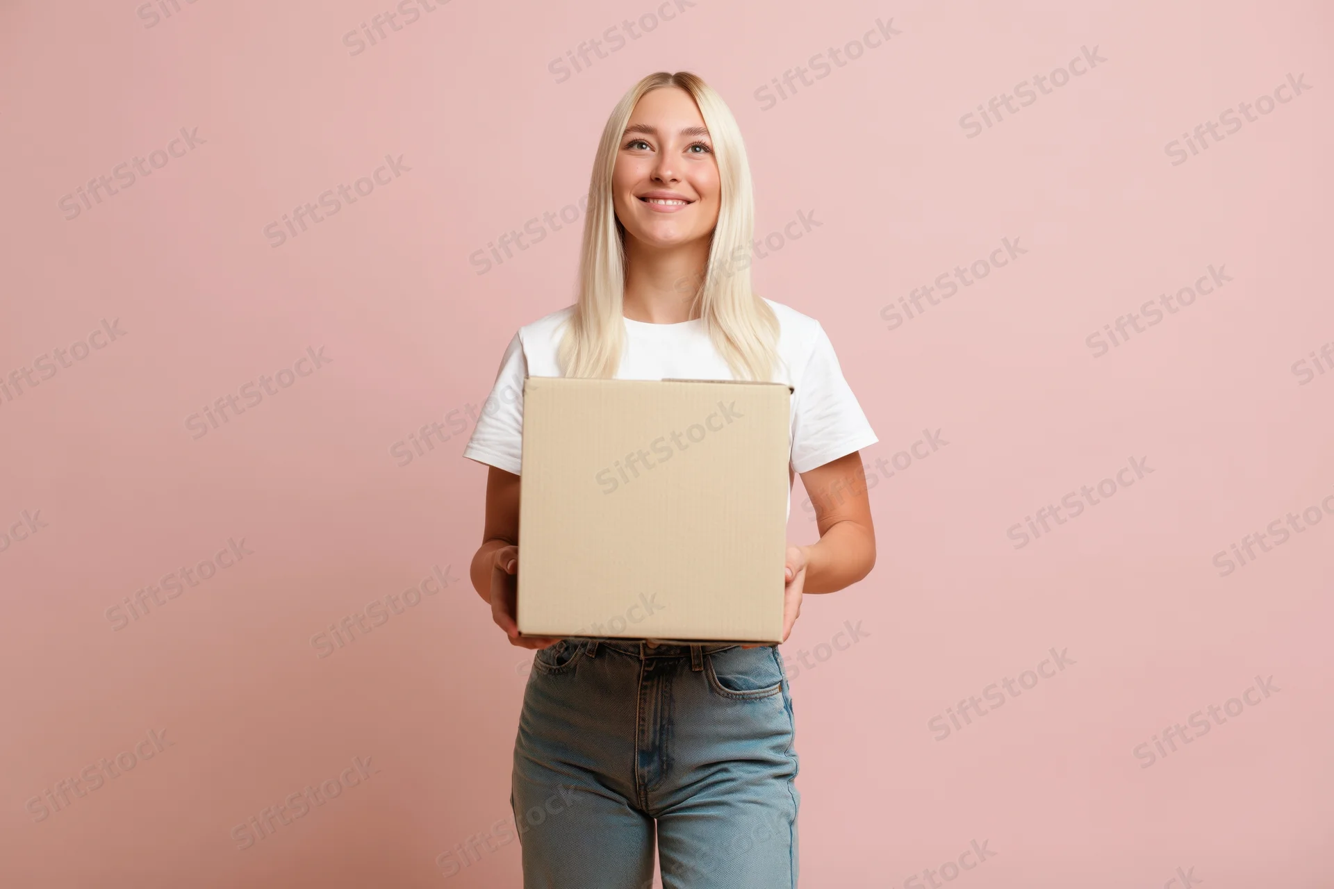 Smiling blonde woman holding a cardboard box against a pink background