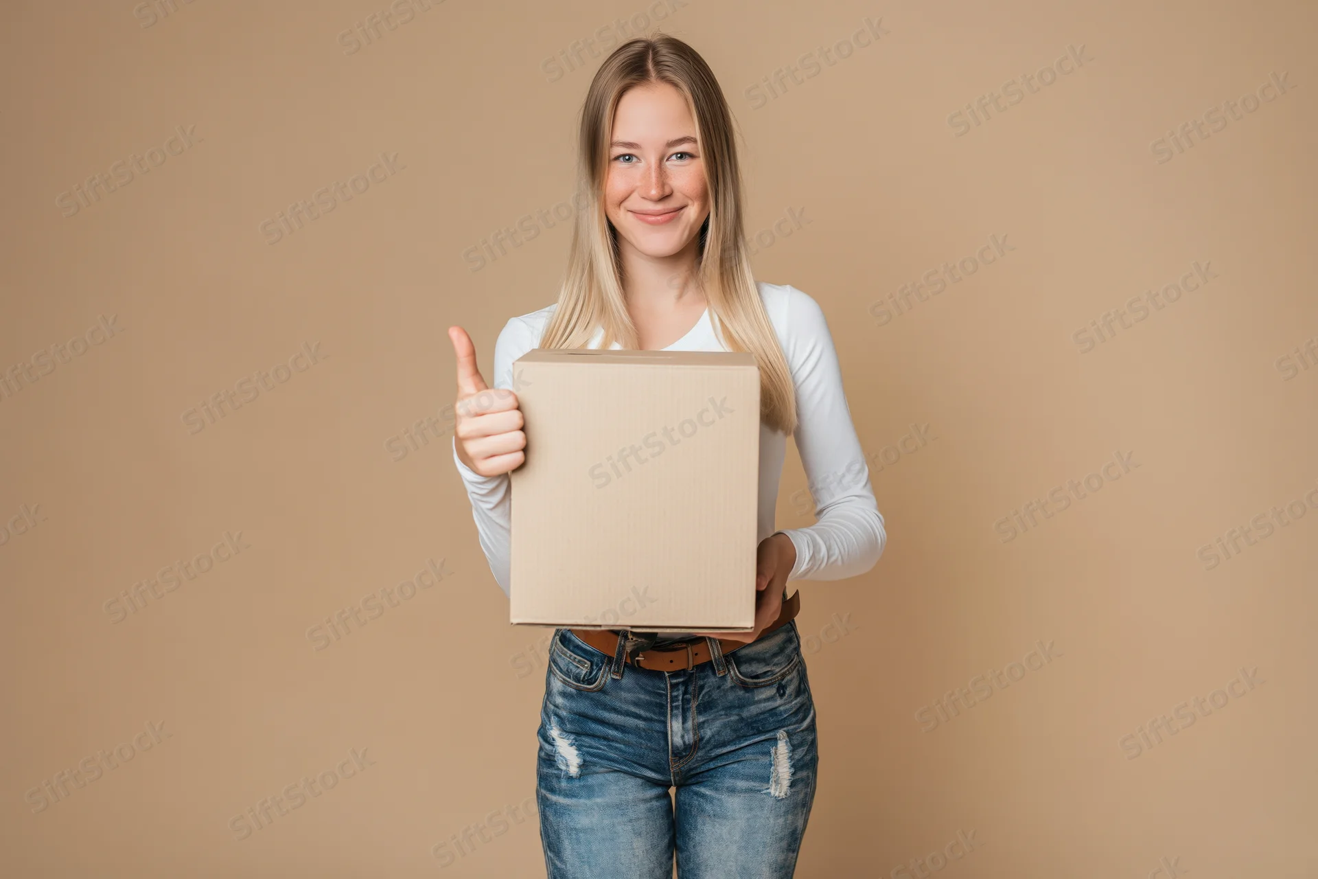 Young blonde woman holding a cardboard box and giving thumbs up against beige background