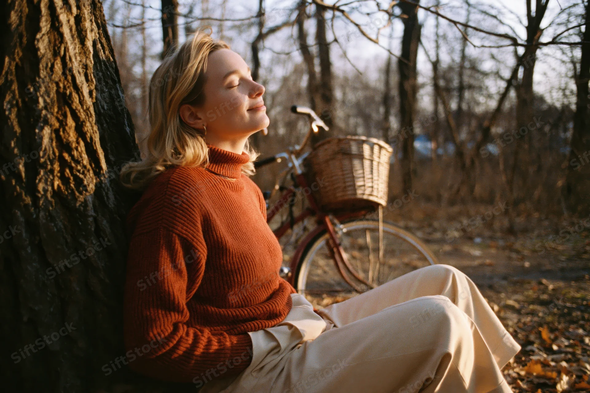 Young blonde woman resting against a tree in a forest with a vintage bicycle nearby during autumn