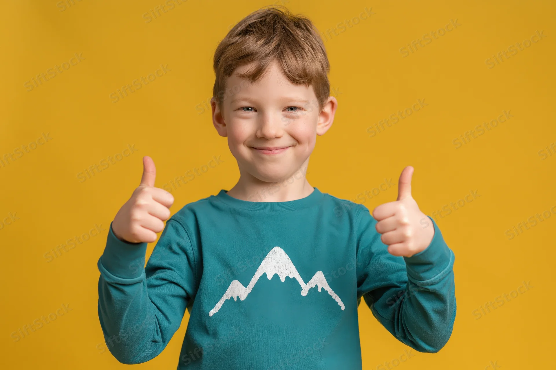 Young boy smiling and giving two thumbs up against yellow background wearing teal sweatshirt with white mountain graphic