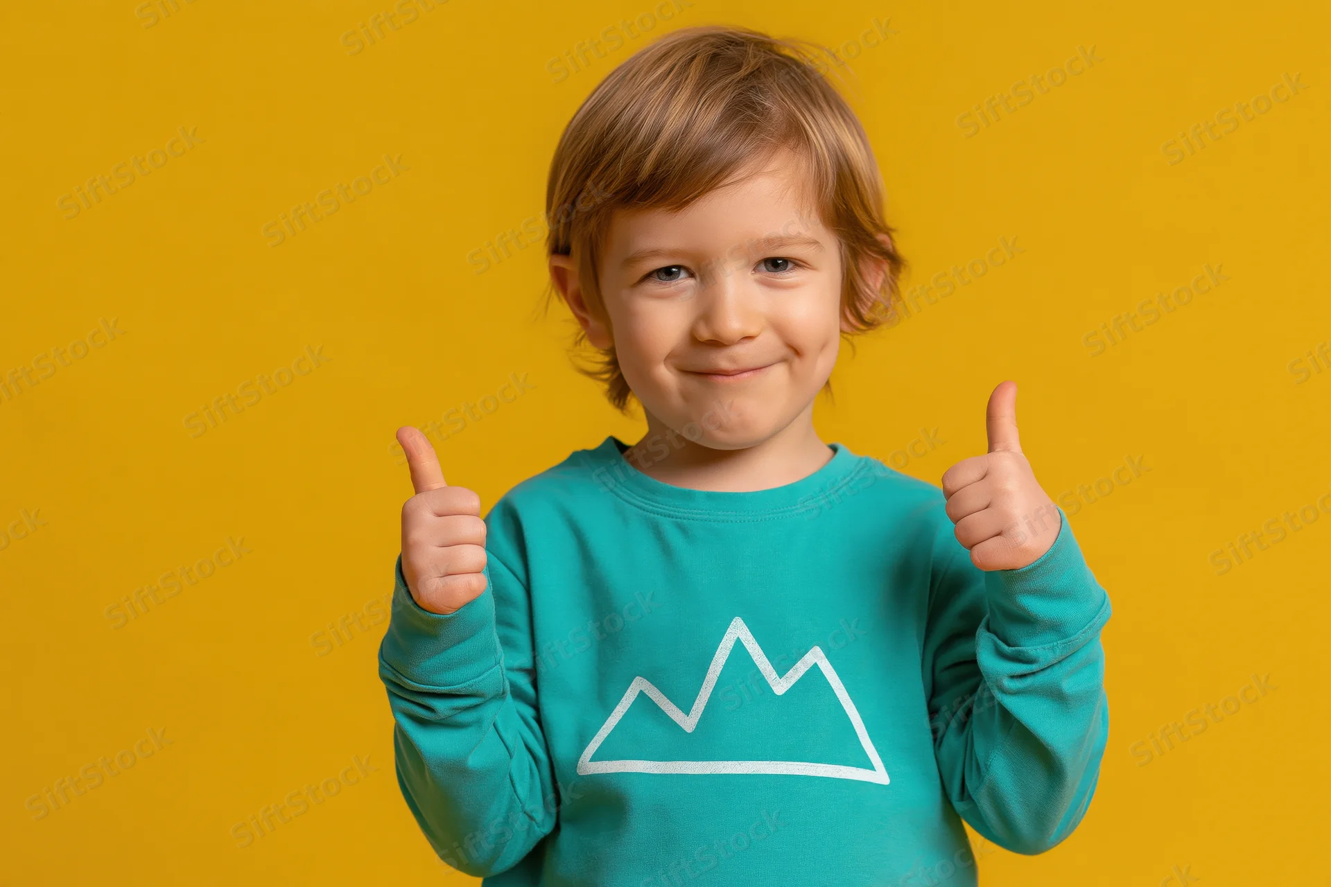 Young boy smiling and giving two thumbs up in a teal sweatshirt with mountain graphic against yellow background