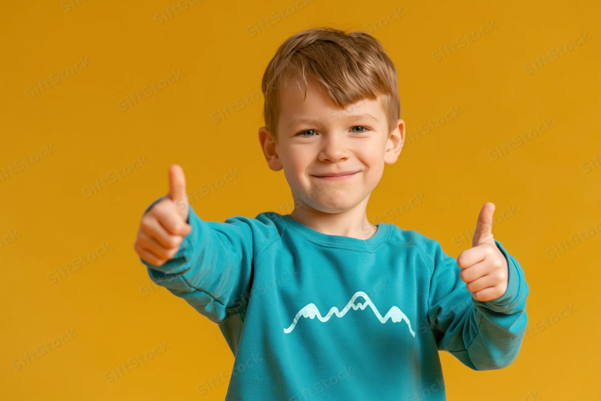 Young boy smiling and giving two thumbs up against yellow background
