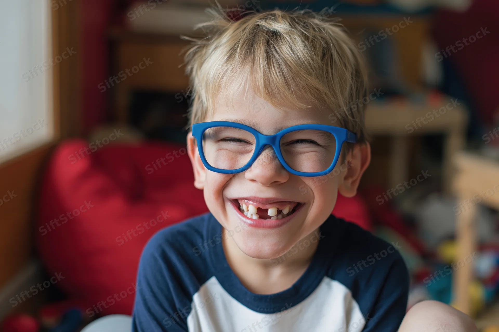 Young boy with blue glasses laughing widely showing tooth gap in a room with red beanbag and wooden furniture