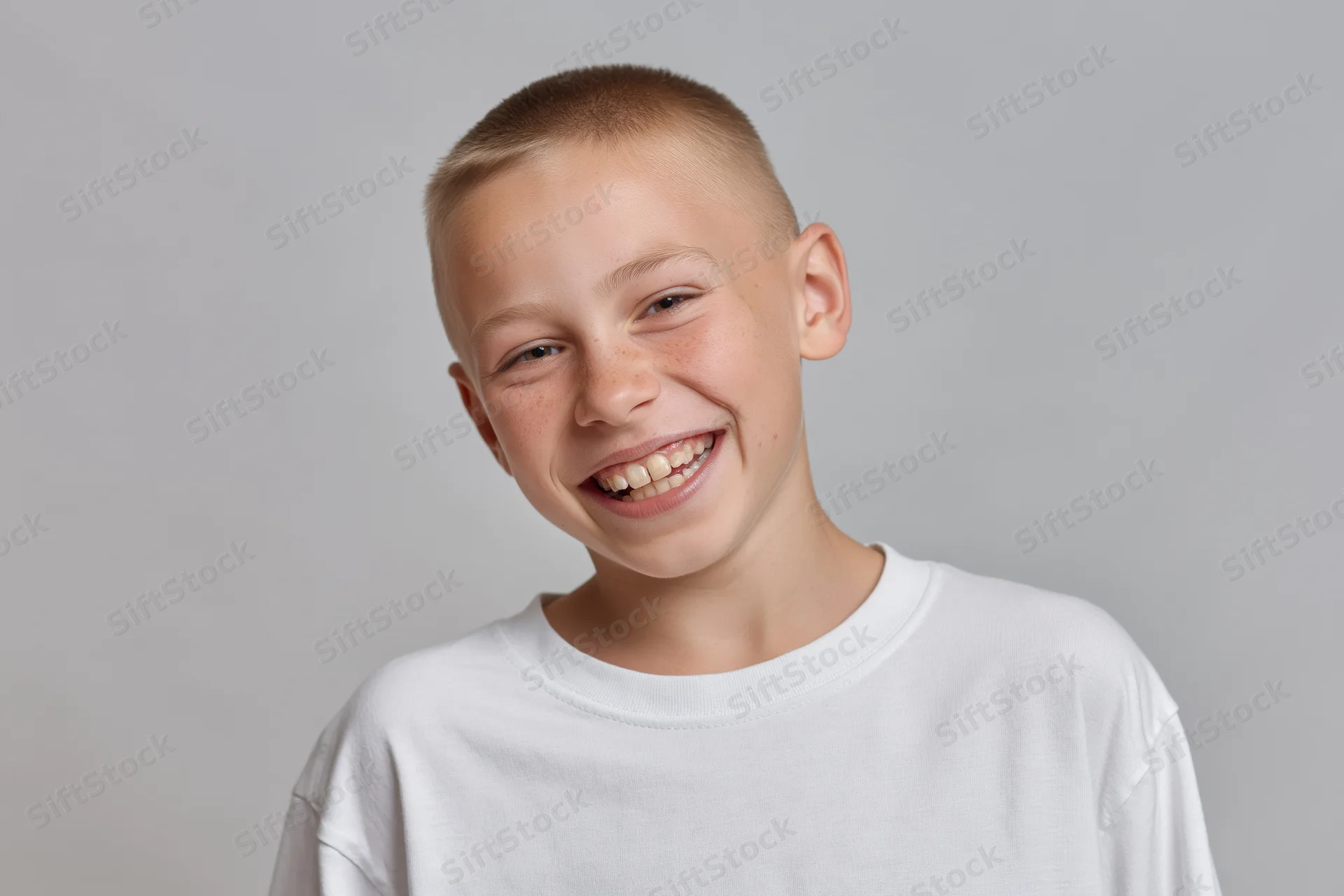 Young boy smiling broadly at the camera in a white tshirt against a plain gray background