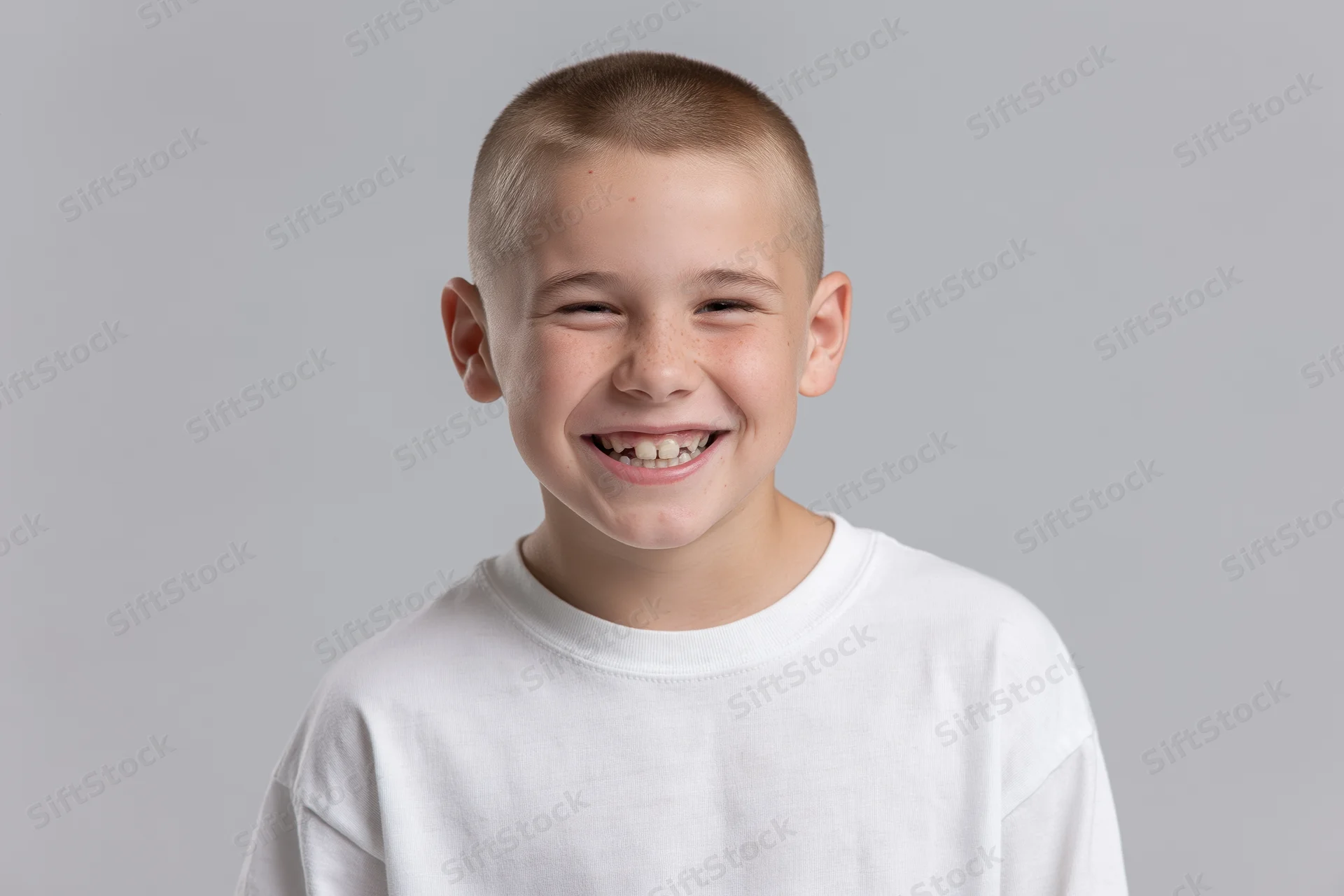 Young boy smiling broadly at the camera in a white tshirt against a gray studio background