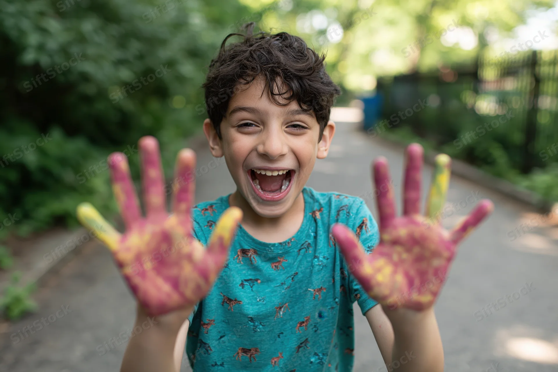 Young boy laughing with paint-covered hands in a garden pathway