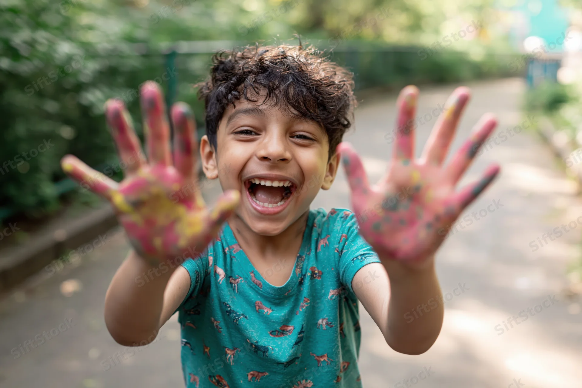 Young boy laughing with paint-covered hands in a park pathway