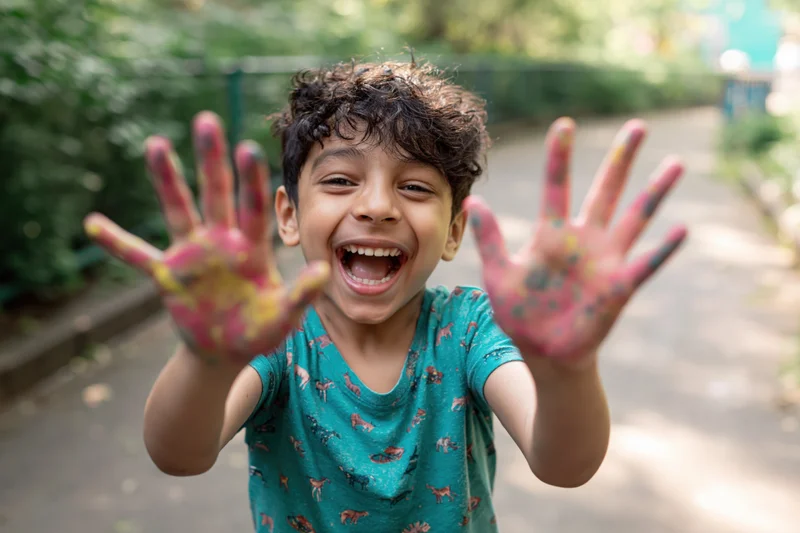 Young boy laughing with paint-covered hands in a park pathway