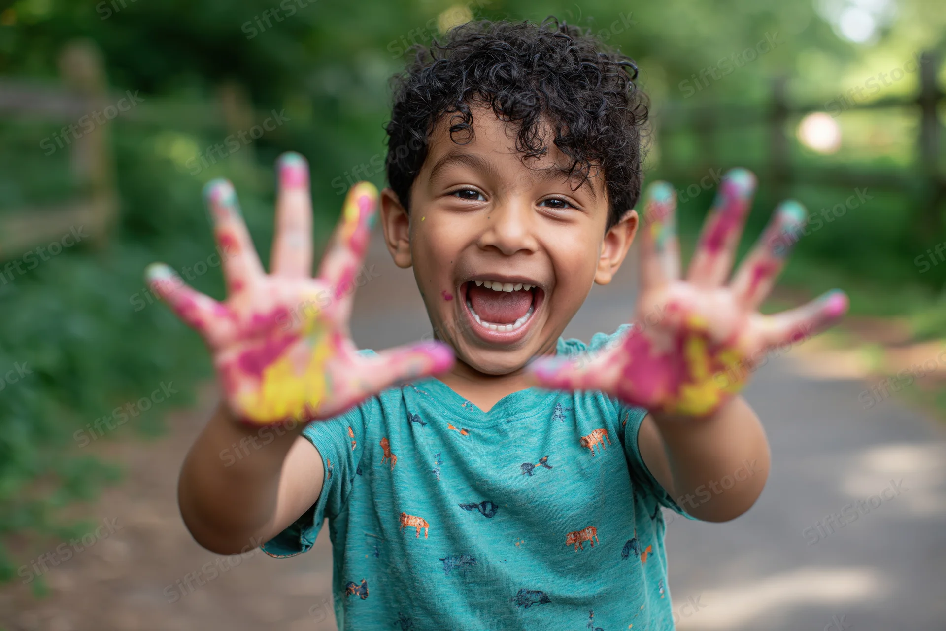 Young boy laughing with paint-covered hands extended toward camera in a garden setting