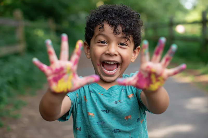 Young boy laughing with paint-covered hands extended toward camera in a garden setting