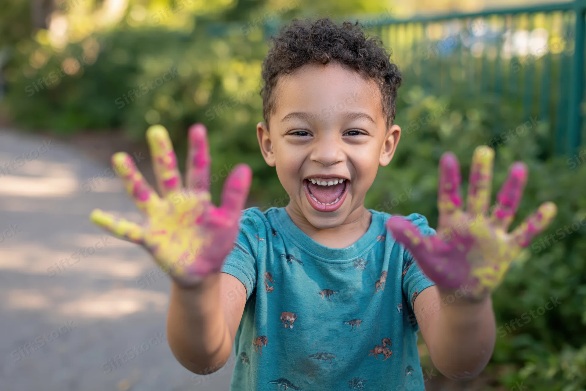 Young boy laughing with paint-covered hands outdoors in a garden