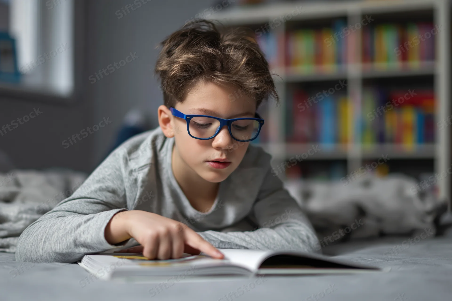 Young boy lying on bed reading open book with blue glasses in bedroom