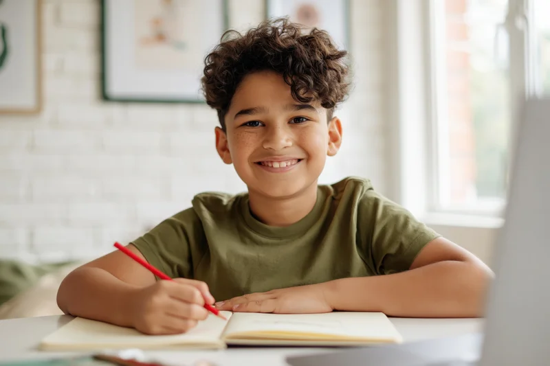 Young boy smiling while writing in a notebook at a desk indoors