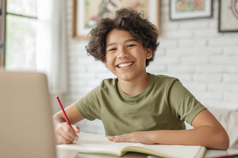 Young boy smiling while writing in a notebook at a desk with a laptop nearby