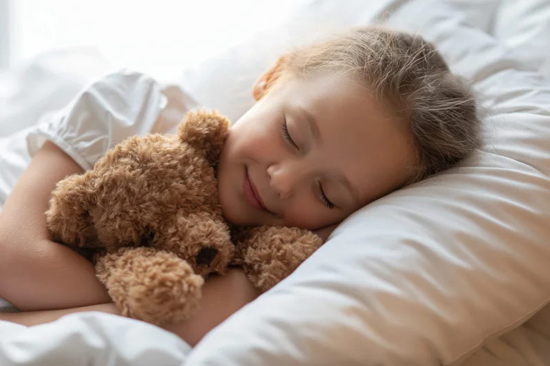 Young girl sleeping peacefully in bed hugging a teddy bear on a white pillow