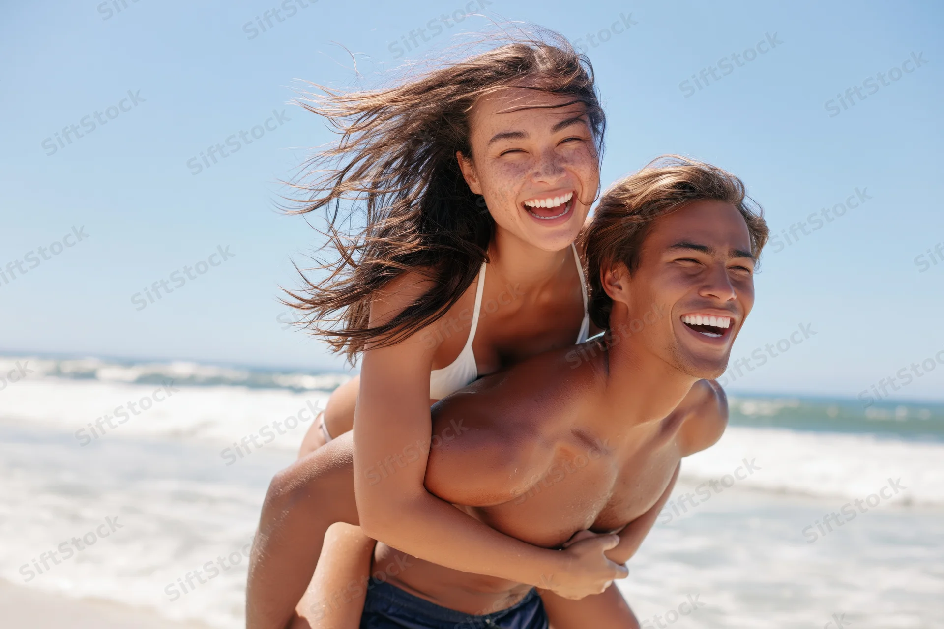 Young couple laughing while woman rides piggyback on man at beach