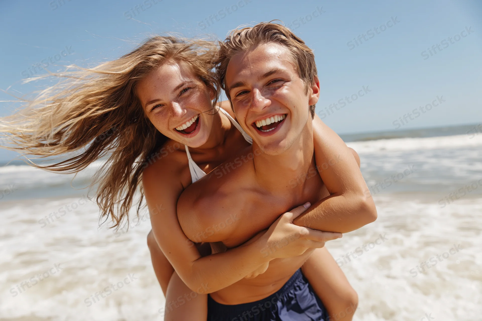 Young couple laughing while piggybacking on a sandy beach near the ocean