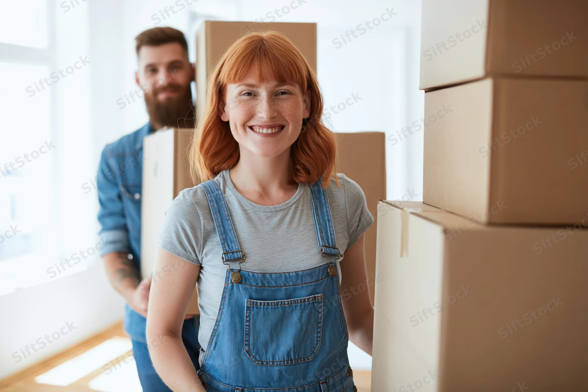 Smiling woman in denim overalls standing by stacked moving boxes with man carrying boxes behind her in bright apartment interior