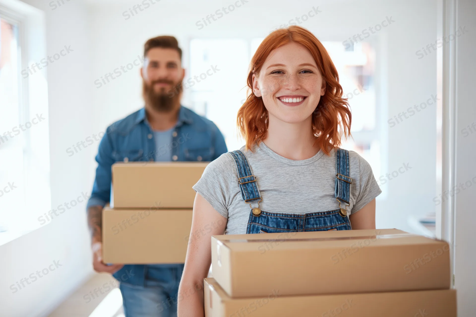 Young couple carrying stacked cardboard boxes into a bright apartment hallway