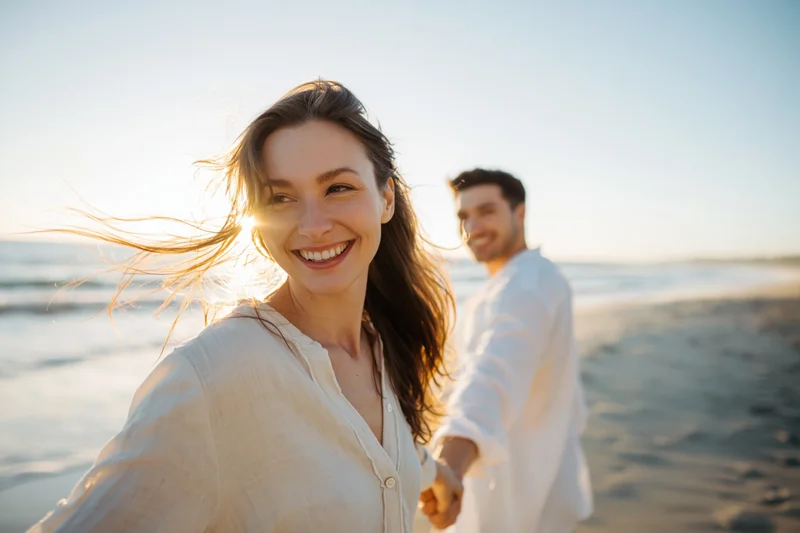 Woman smiling at camera while holding hands with man on beach at sunset