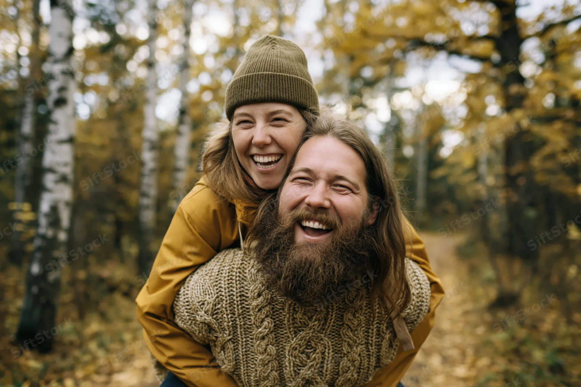 Man giving woman a piggyback ride in autumn forest with birch trees