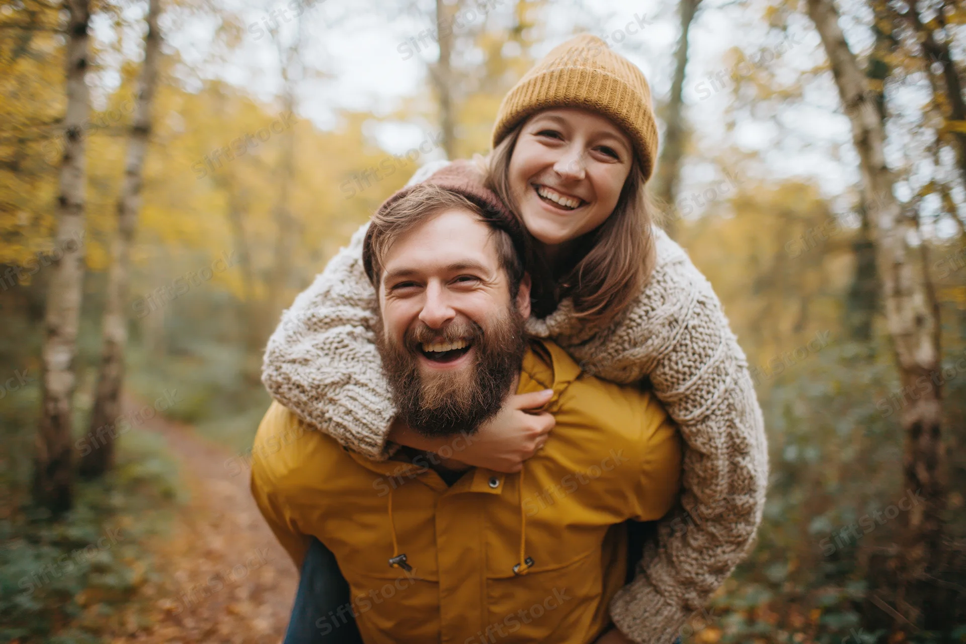 Bearded man giving woman a piggyback ride in autumn forest