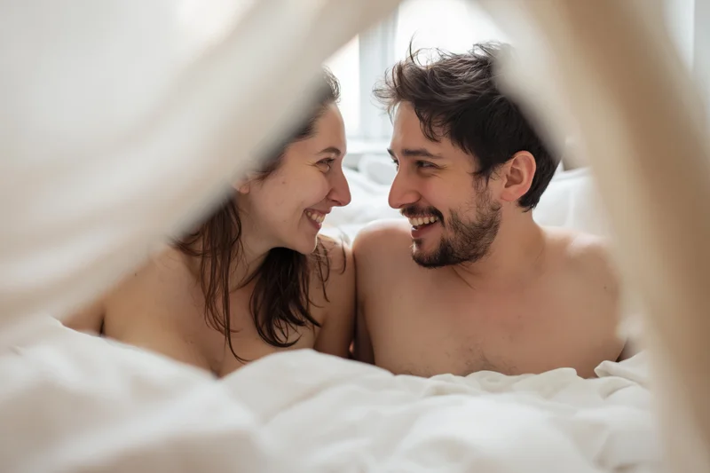 Young couple smiling at each other under white sheets in bed