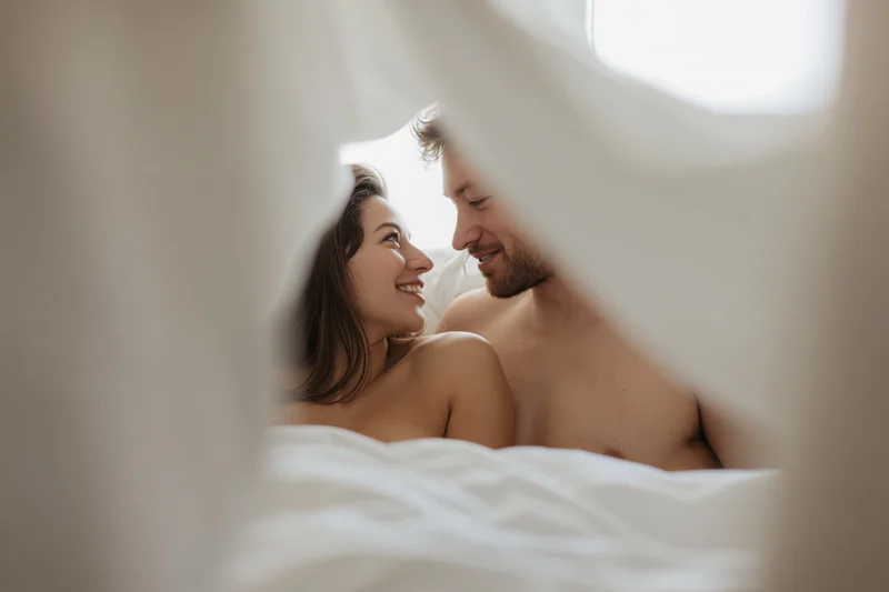 Young couple smiling at each other under white sheets in bed