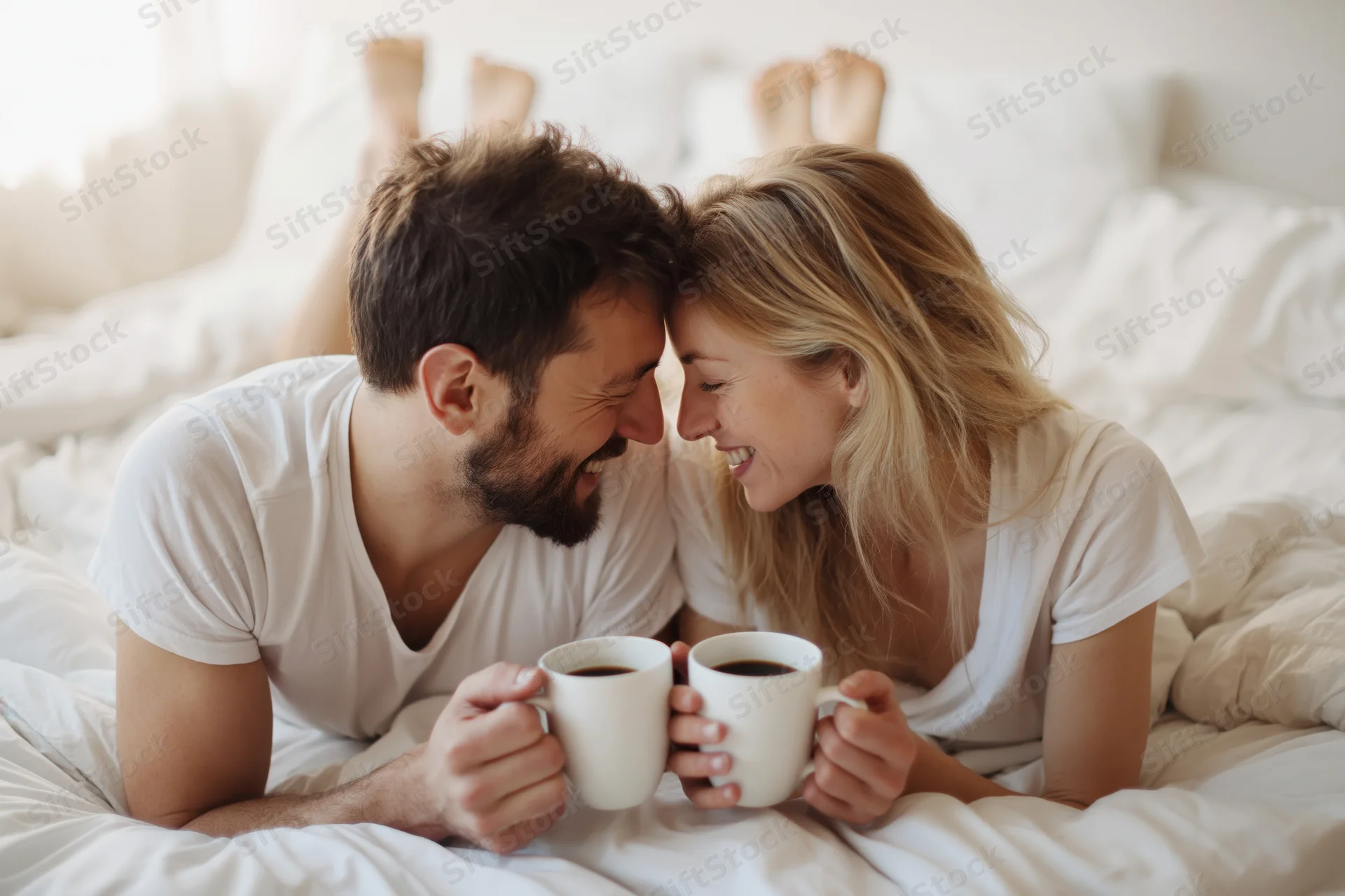 Couple lying on stomachs in bed touching foreheads with coffee mugs, smiling at each other
