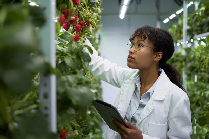 Young woman in lab coat inspecting strawberries in vertical greenhouse with tablet