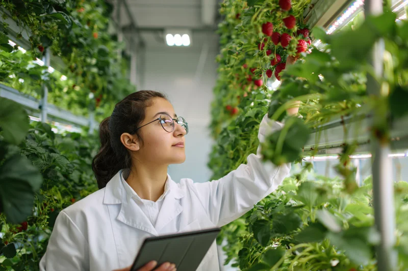 Young woman in lab coat inspecting strawberries in greenhouse with tablet