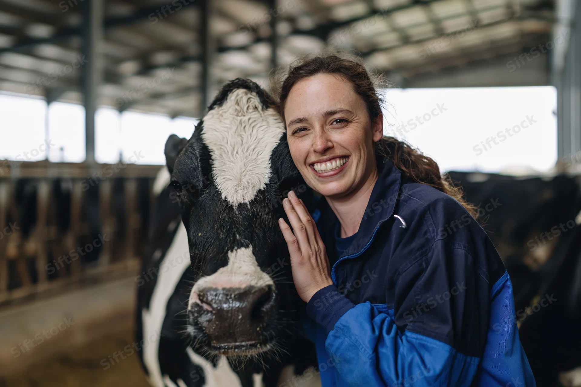 Young female farmer affectionately holding the face of a