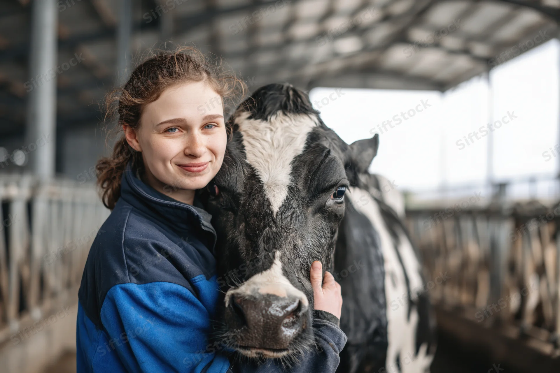 Young woman farmer holding a cow's face in a barn