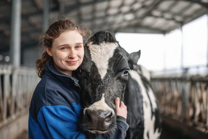 Young woman farmer holding a cow's face in a barn